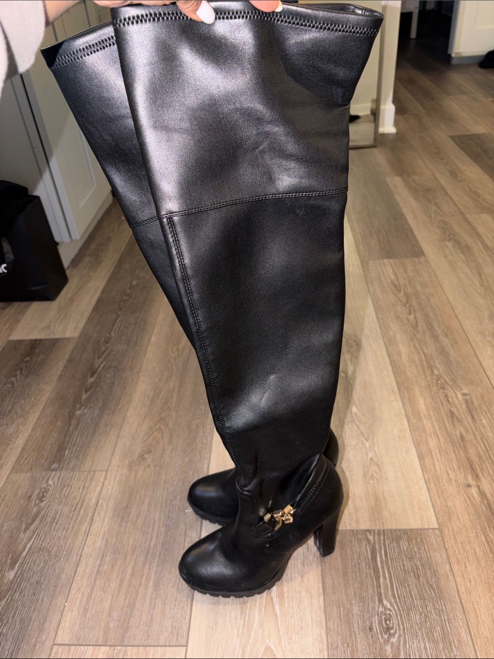 Guess Black Over-the-Knee Heeled Boots with Gold Accent